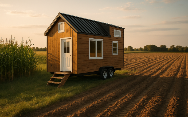 Une maison tiny house sur un terrain agricole